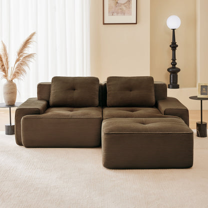 Sectional loveseat L-Shape Corduroy Brown 2 Seat Modular with Ottoman 82 In
