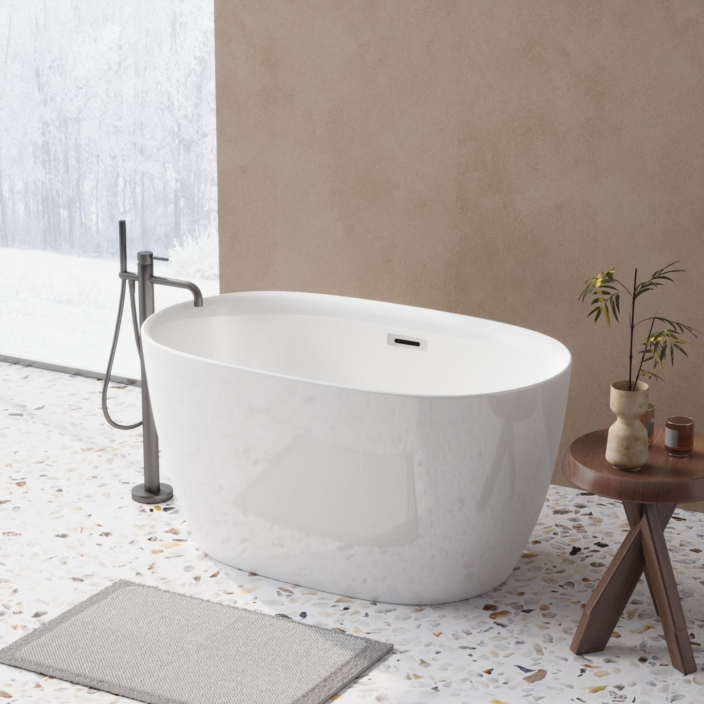 47in Gloss White Acrylic Freestanding Oval Bathtub, Chrome Overflow and Drain