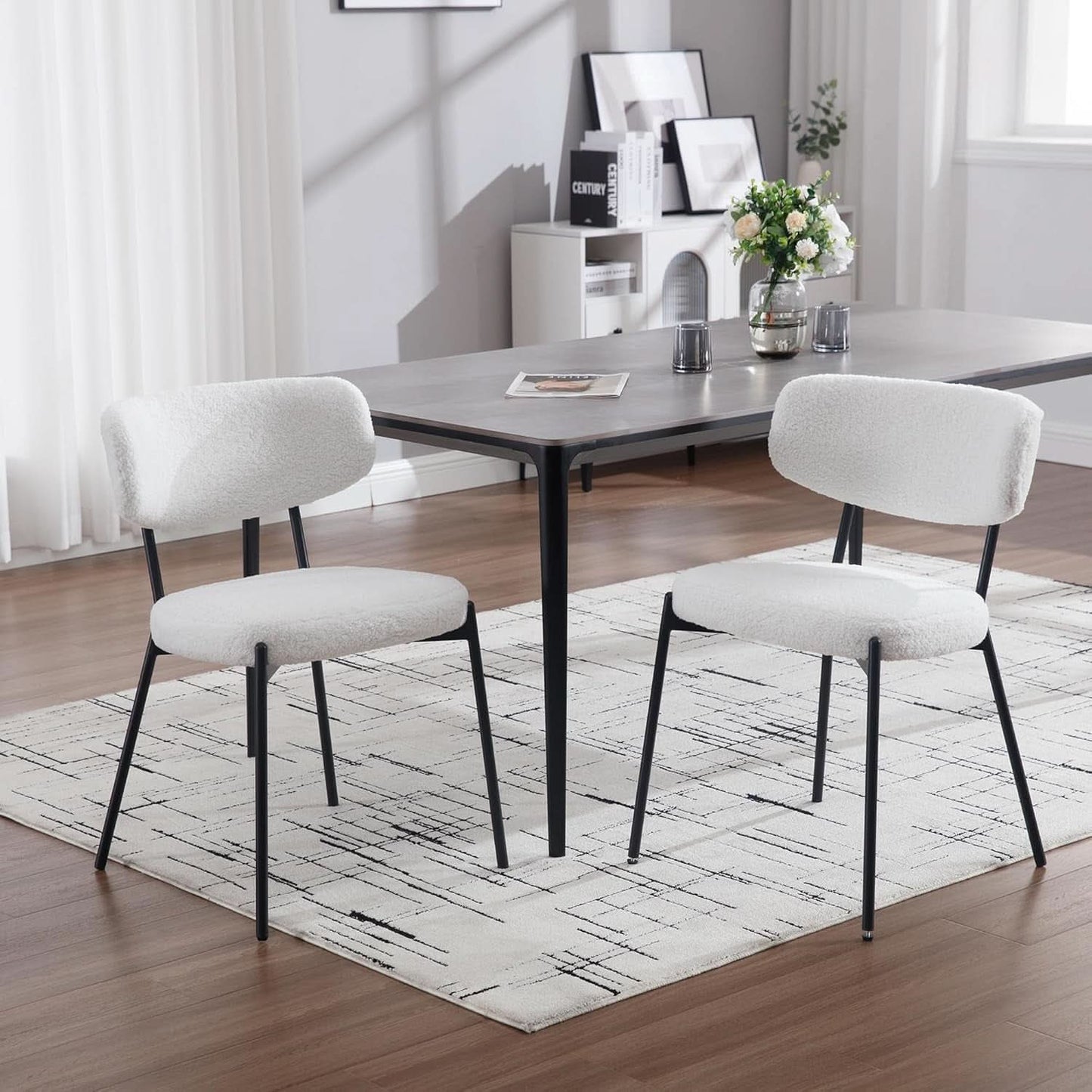 White Boucle Upholstered Dining Chairs Curved Back