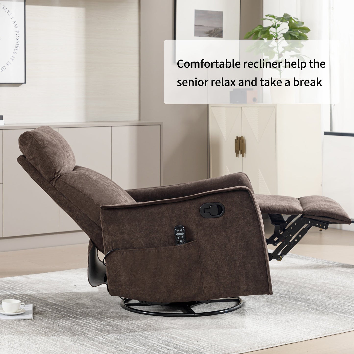 Recliner Chair Swivel Rocker Polyester Brown 360 Degree Heat Massage 155