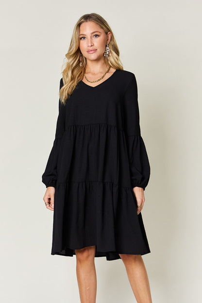 V-Neck Balloon Sleeve Tiered Boho Midi Dress