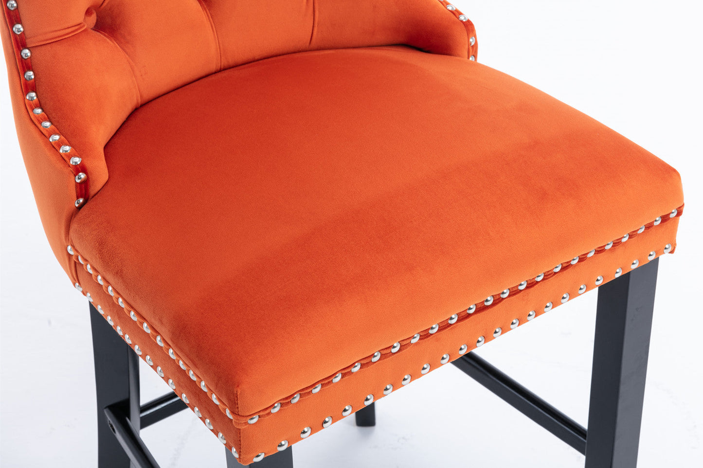 Velvet Upholstered Barstool Set of 2, Button Tufted, Chrome Nailhead, Orange