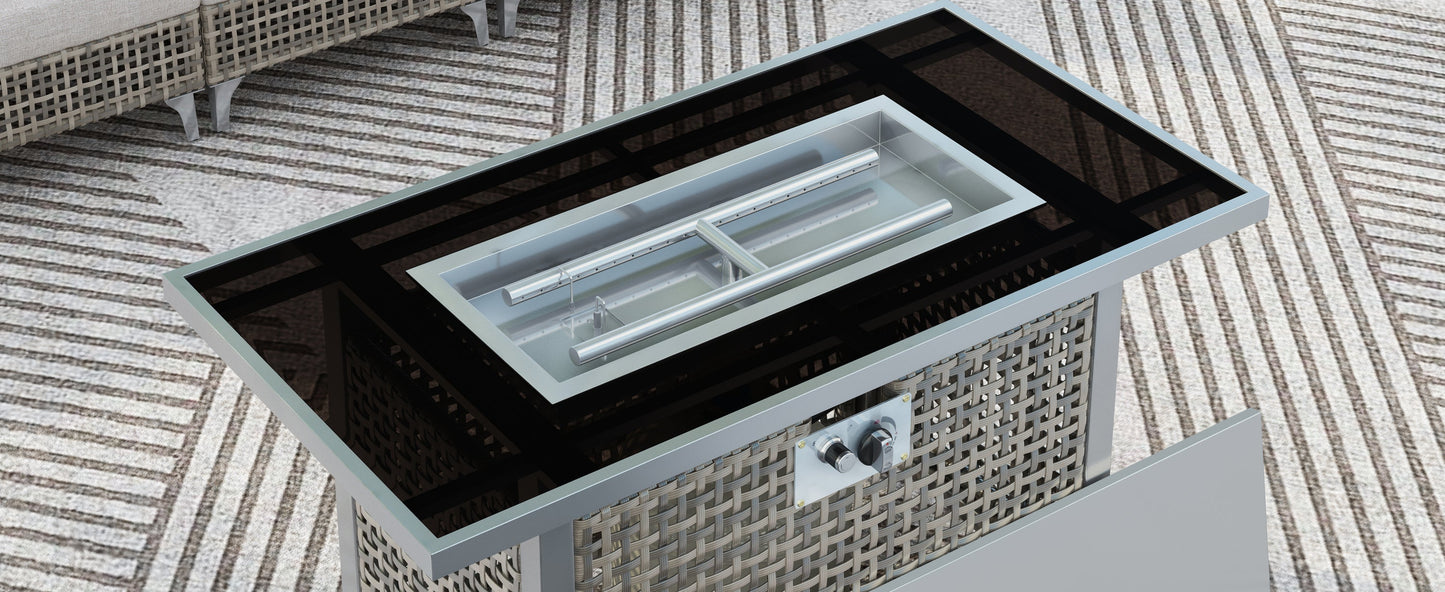 43 in Propane Gas Fire Pit Table 60,000 BTU Rectangular Open Weave Wicker, Grey