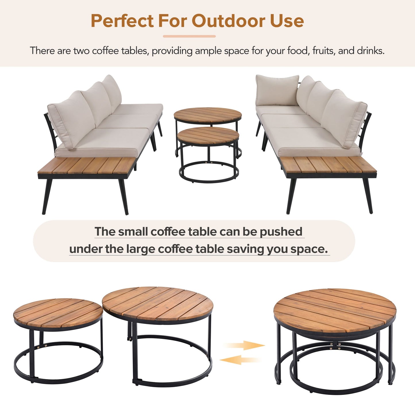 Outdoor Sectional Set Acacia Wood Steel Beige Cushion 6 Piece Seats 5