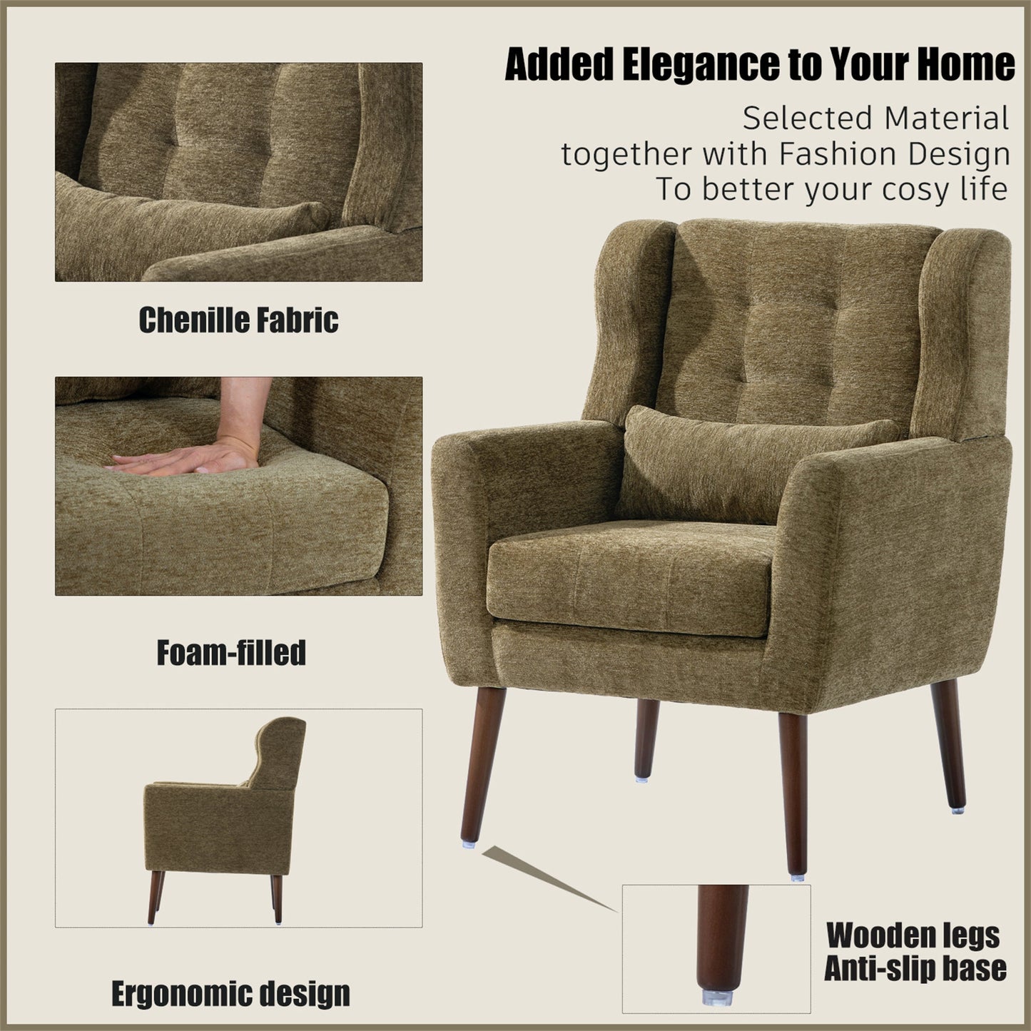 Accent Chair Chenille Olive Green Rubberwood Legs 28x29x38 In 275 LB