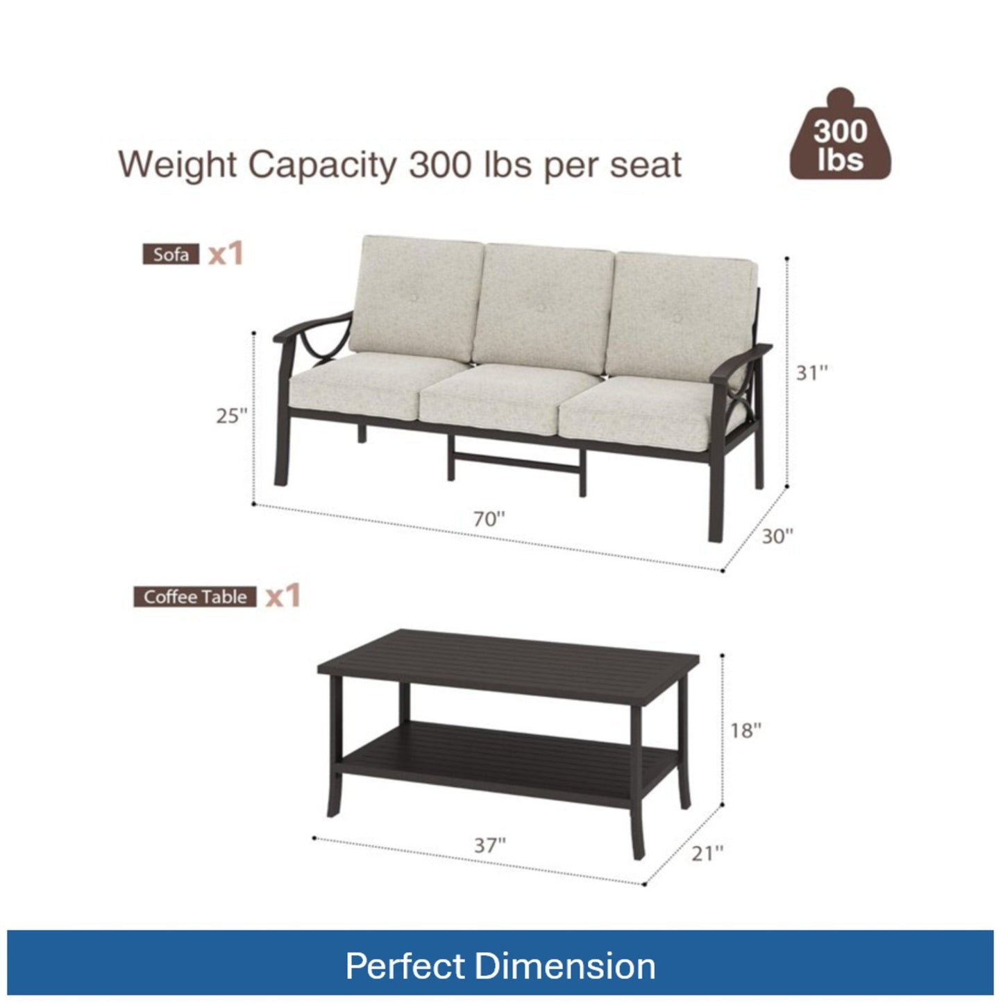 Outdoor Patio Set Steel Khaki Beige Cushion 2 Piece 70in Sofa