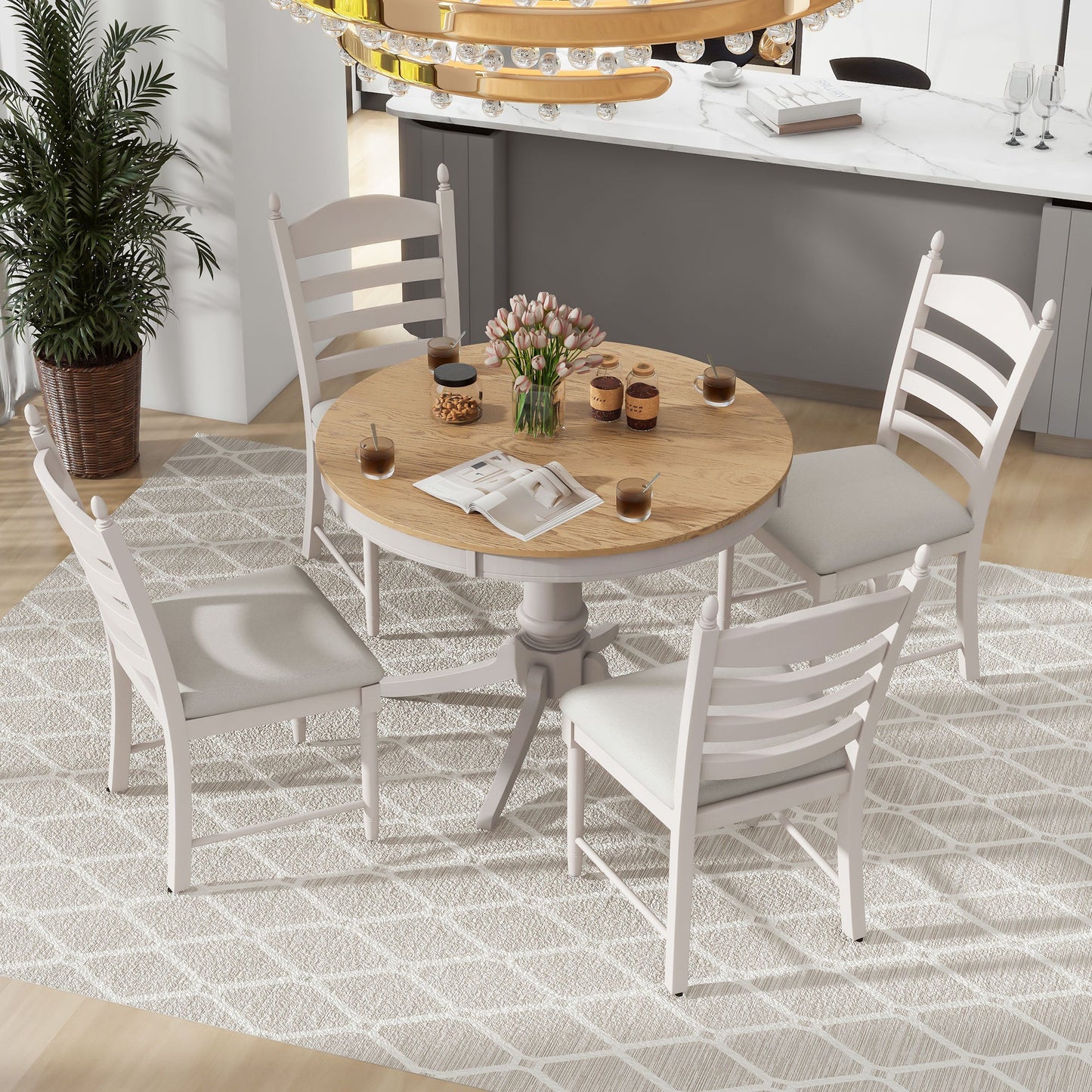 5-Piece Retro Functional Dining Table Set Wood Round Extendable Dining Table