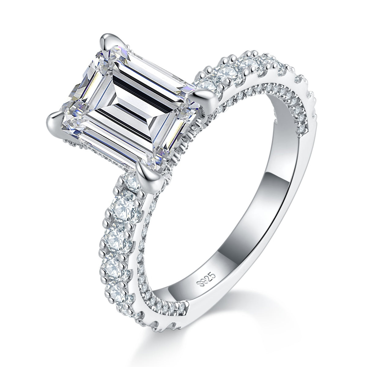 S925 Sterling Silver 4ct Emerald Cut Moissanite Ring, D-VVS1 Pave Band, Platinum Plated US Sizes 5-9, GRA Certified Jewelry Gift Box