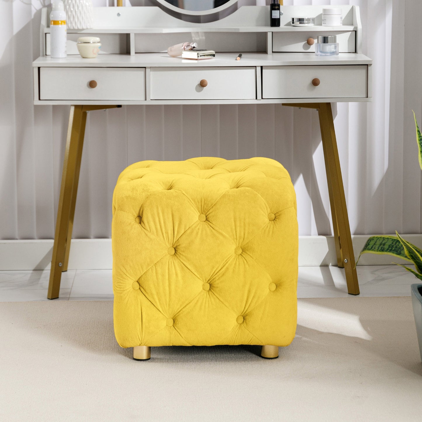 Yellow Modern Velvet Upholstered Ottoman Small Cube 18.11x18.11x18.9