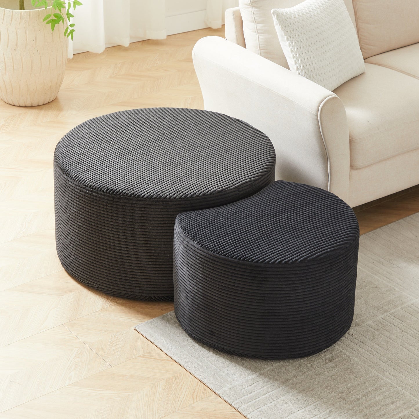 Upholstered Round Coffee Table Set of 2, Black Corduroy Fabric, No Assembly