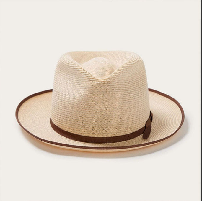 Olive Green Rolled-brim Straw Hat With Bow For Sun Protection Artistic Style For Men And Women