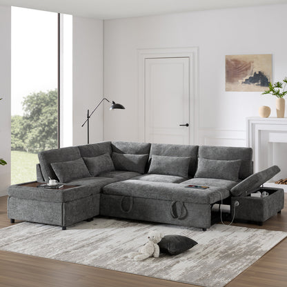 Sofa Bed L-Shape Chenille Gray 6 Seat Pull-Out USB Ports 107 In