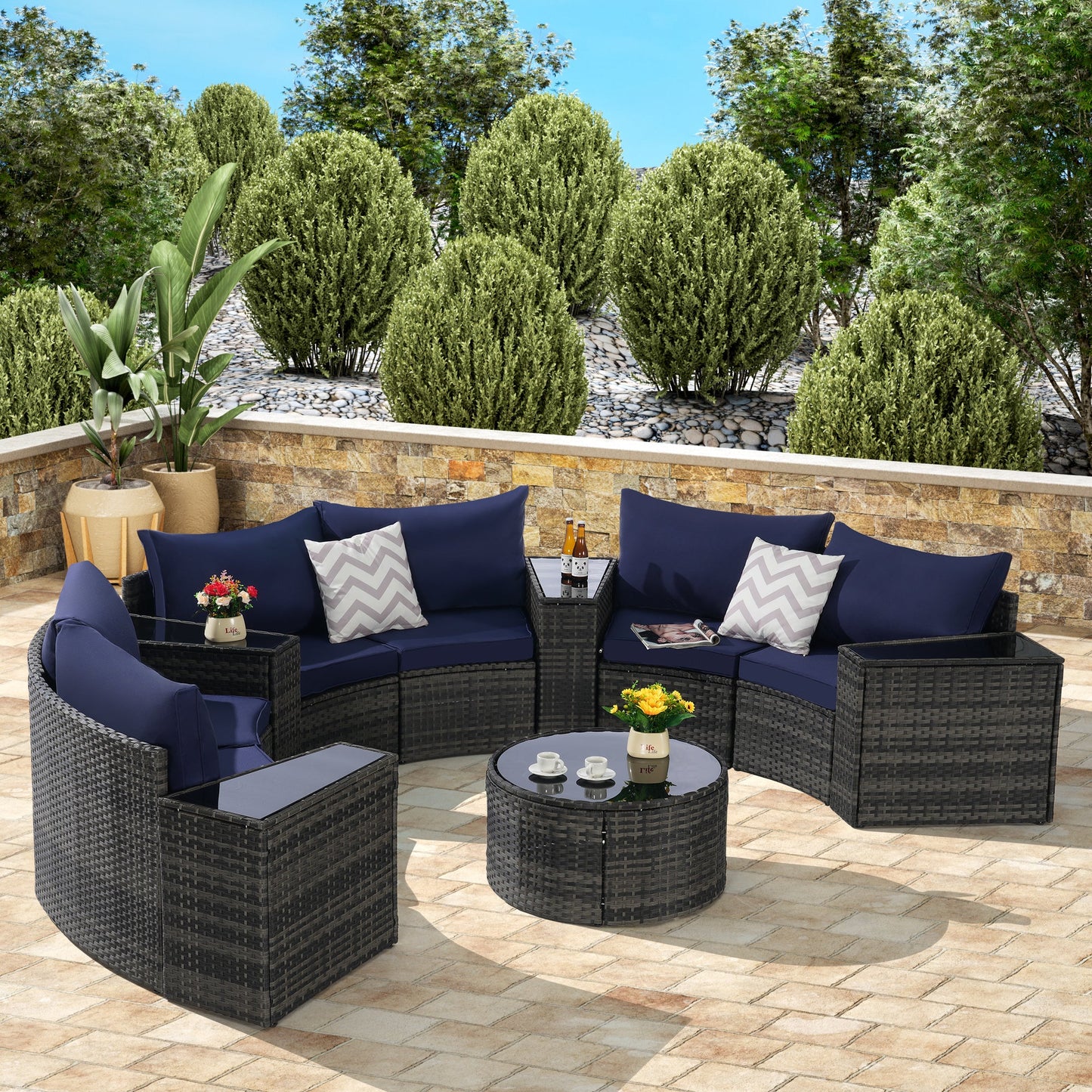 Outdoor Sectional Set PE Rattan Dark Blue Half Moon 11 Piece