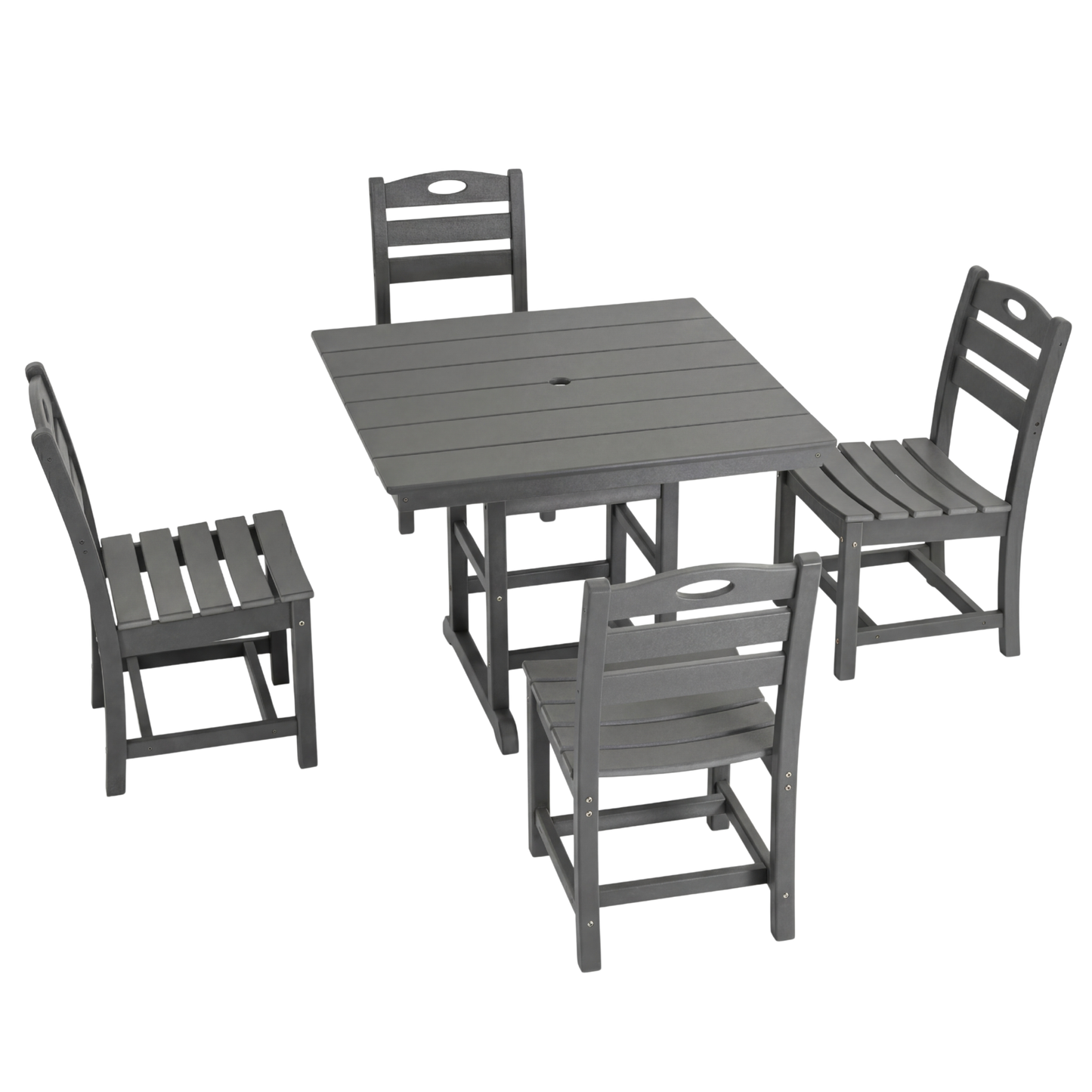 Outdoor Dining Set HDPE Gray 5 Piece Square Table Umbrella Hole Seats 4