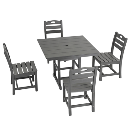 Outdoor Dining Set HDPE Gray 5 Piece Square Table Umbrella Hole Seats 4