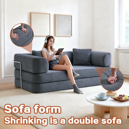 Sofa Bed Floor 5-in-1 Corduroy Gray Convertible Pillow Blanket 74.8 In