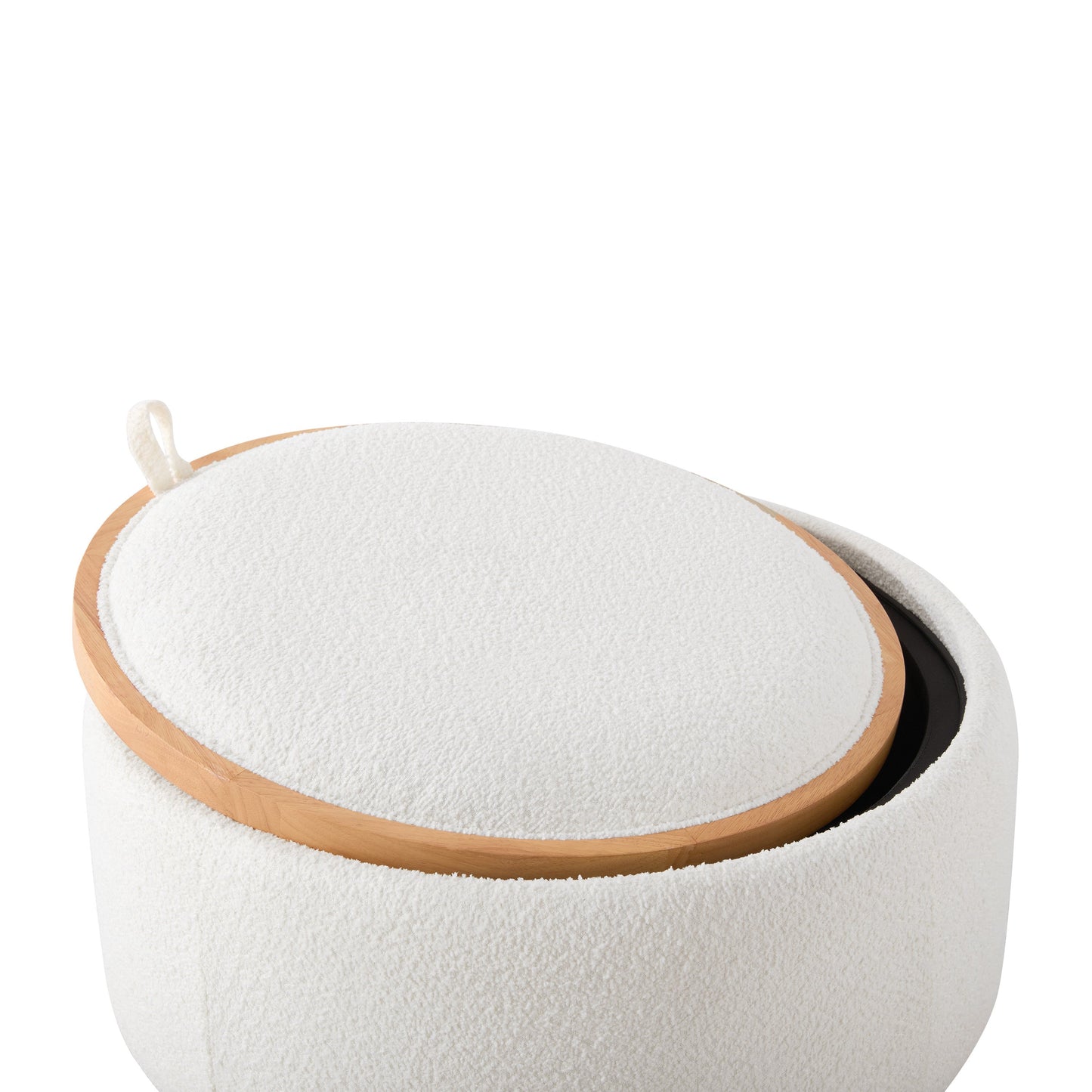 29' Round Storage Ottoman with Solid Wood Legs, Boucle Fabric, No Assembly