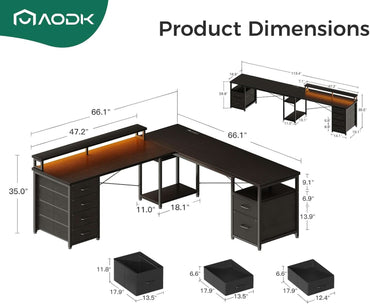 66 Inch L Shaped Computer Desk With LED Lights And Power Outlet