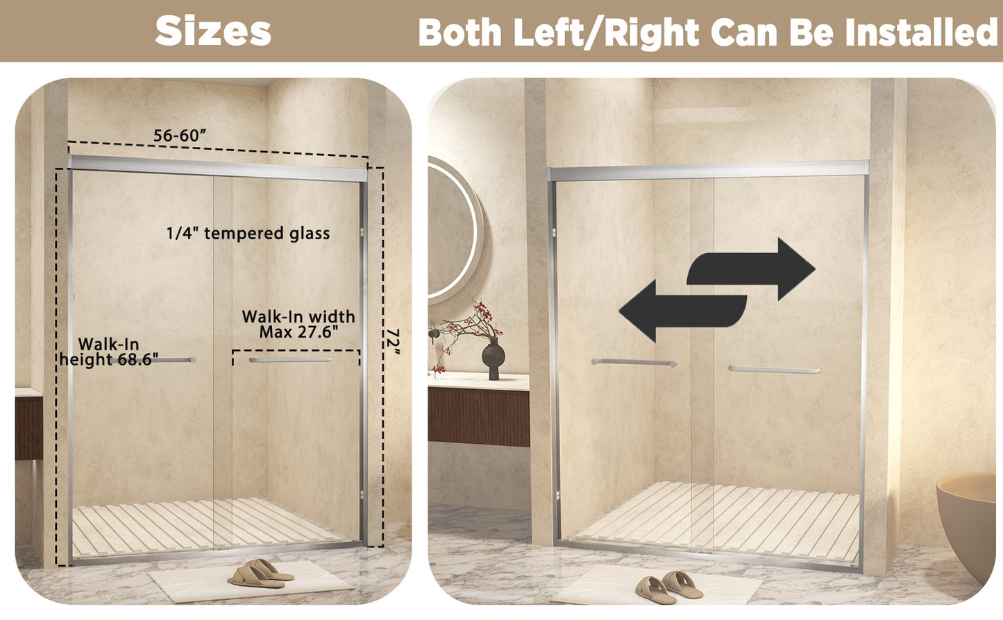 56-60in x 72in Aluminum Frame Double Sliding Shower Door, Brushed Nickel, 6mm