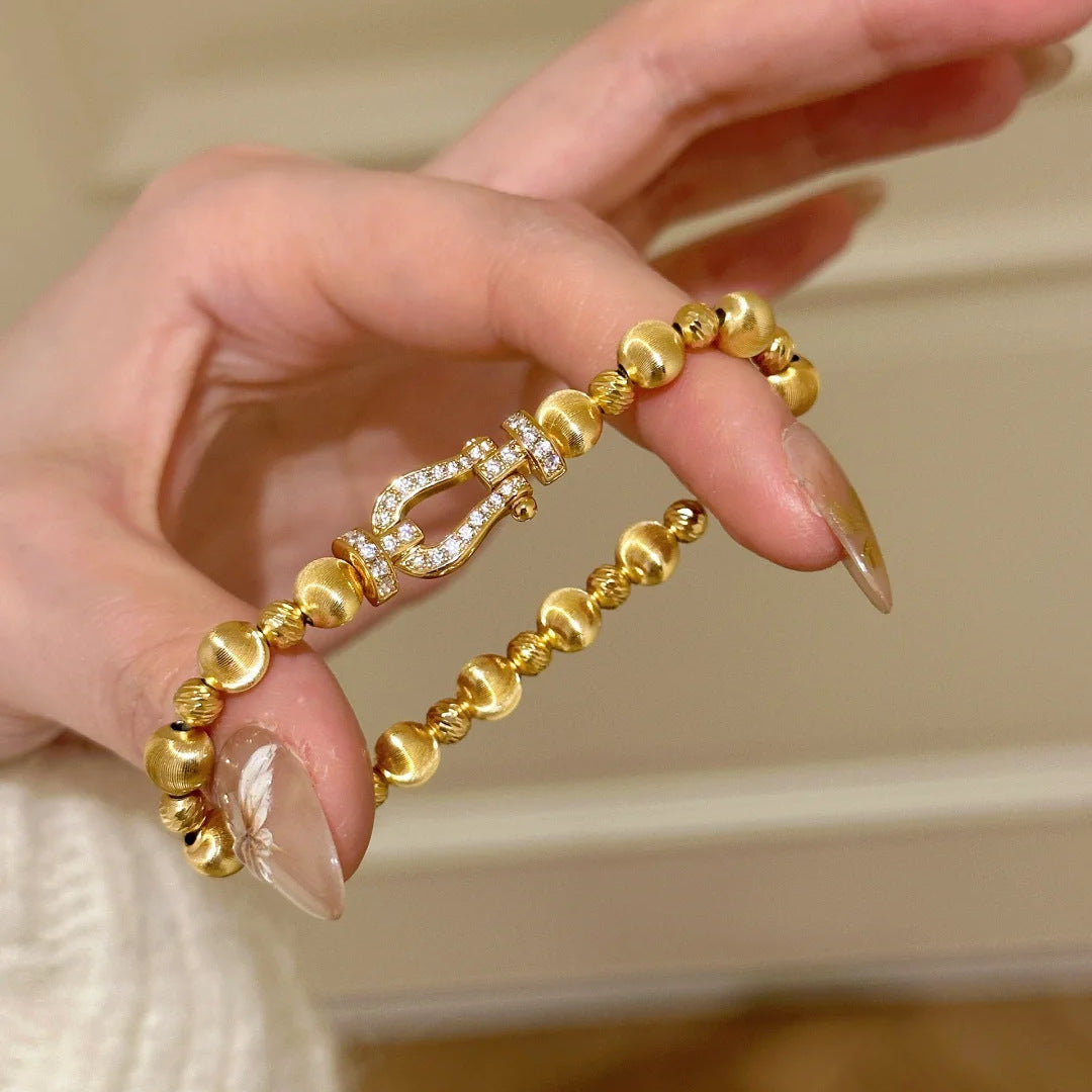 Silver Tone Brushed Bead Horseshoe U Clasp Bracelet Clear Simulated Zirconia Spring Buckle Unisex Daily Hand Ornaments
