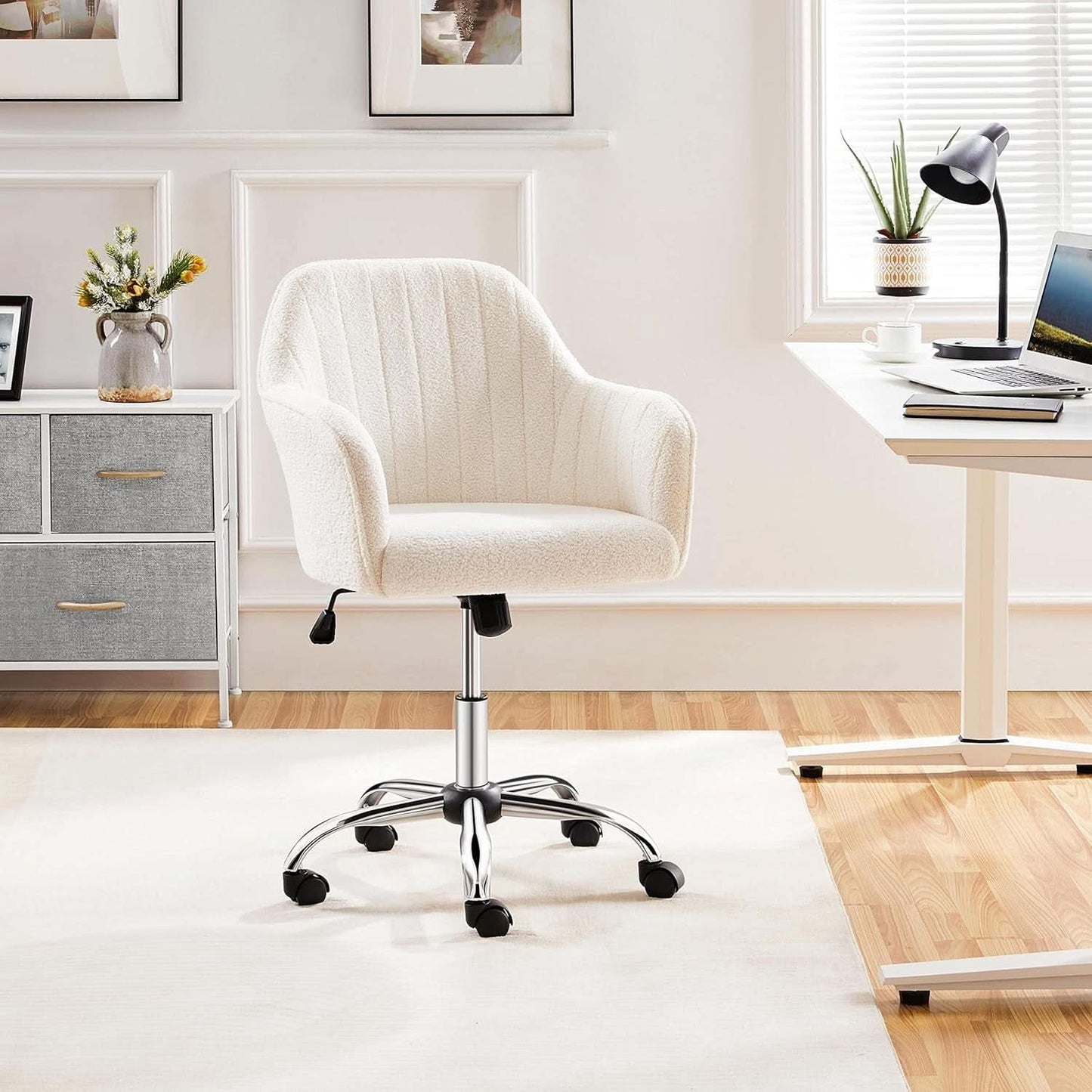 Ivory Boucle Vanity Chair Height Adjustable Makeup Desk Chair