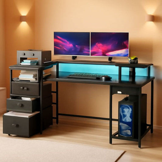 Black 60 Inch Computer Desk With 4 Drawers And Led Lights