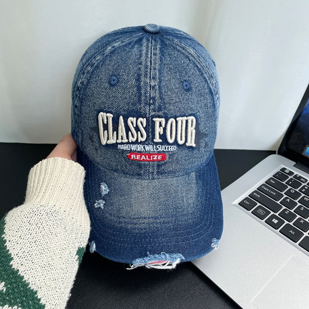 Monochrome Three-dimensional Letter Embroidered Frayed Beveled-edge Washed-out Vintage Style Casual Baseball Cap Suitable For Outdoor Entertainment