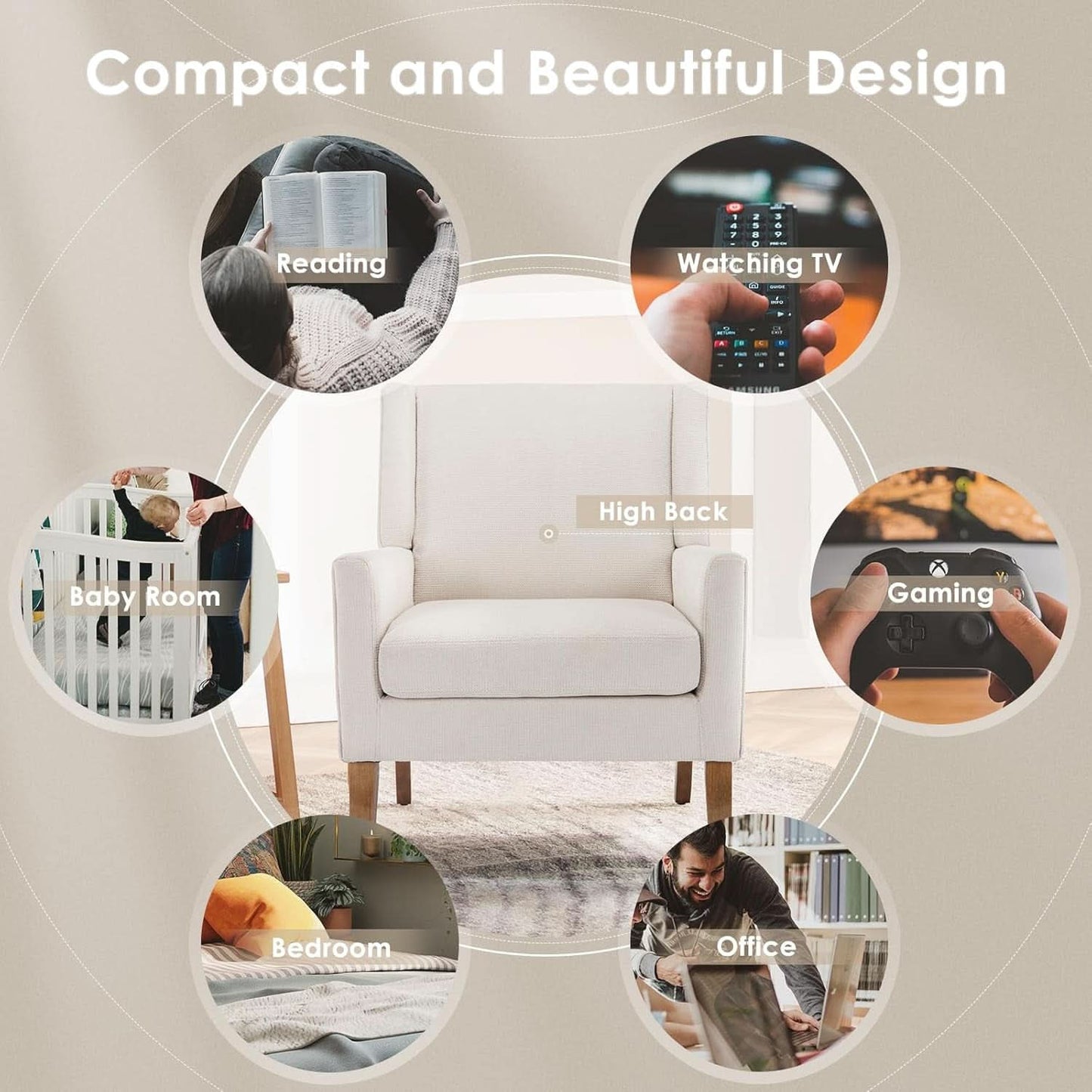 Beige Wingback Chairs With Wood Legs For Living Room