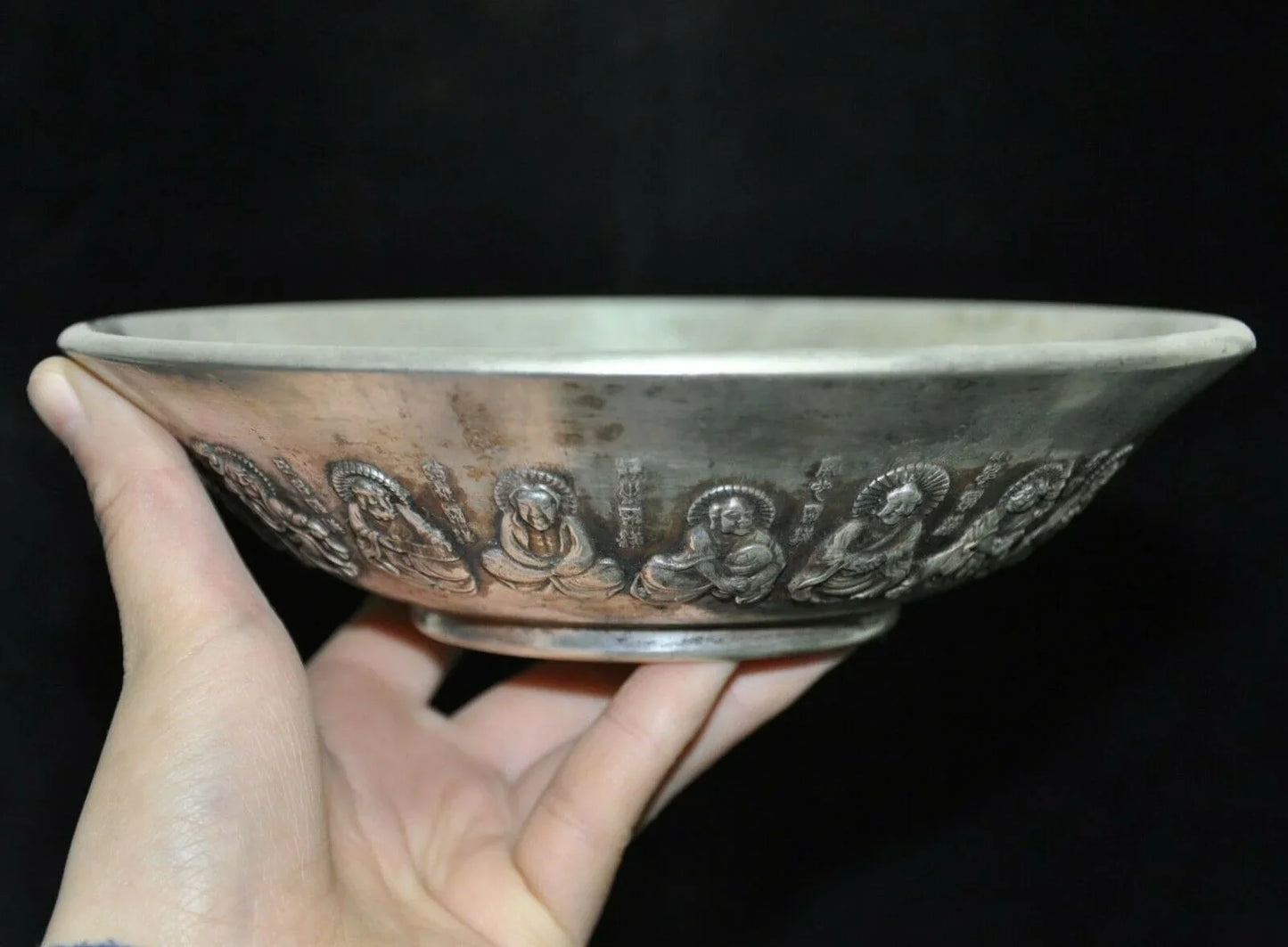 Old Tibetan Silver Lohan Plate – Buddhist Temple Offering Dish