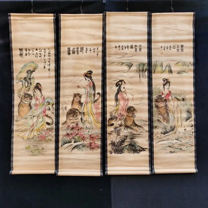 Chinese “Tiger Girl” Four‑Screen Calligraphy & Painting Scroll