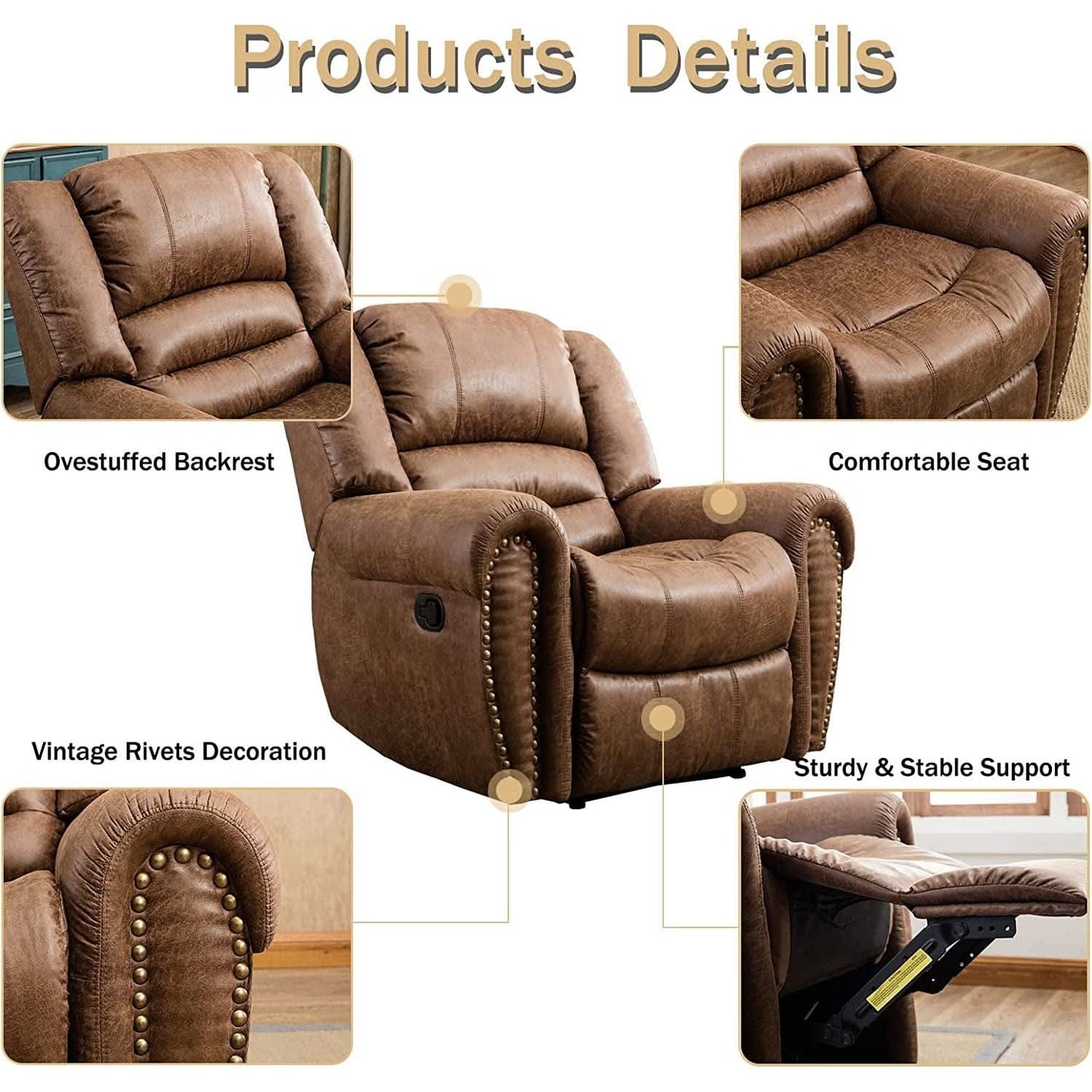 Classic Leather Arm Recliner Chair With Wooden Frame
