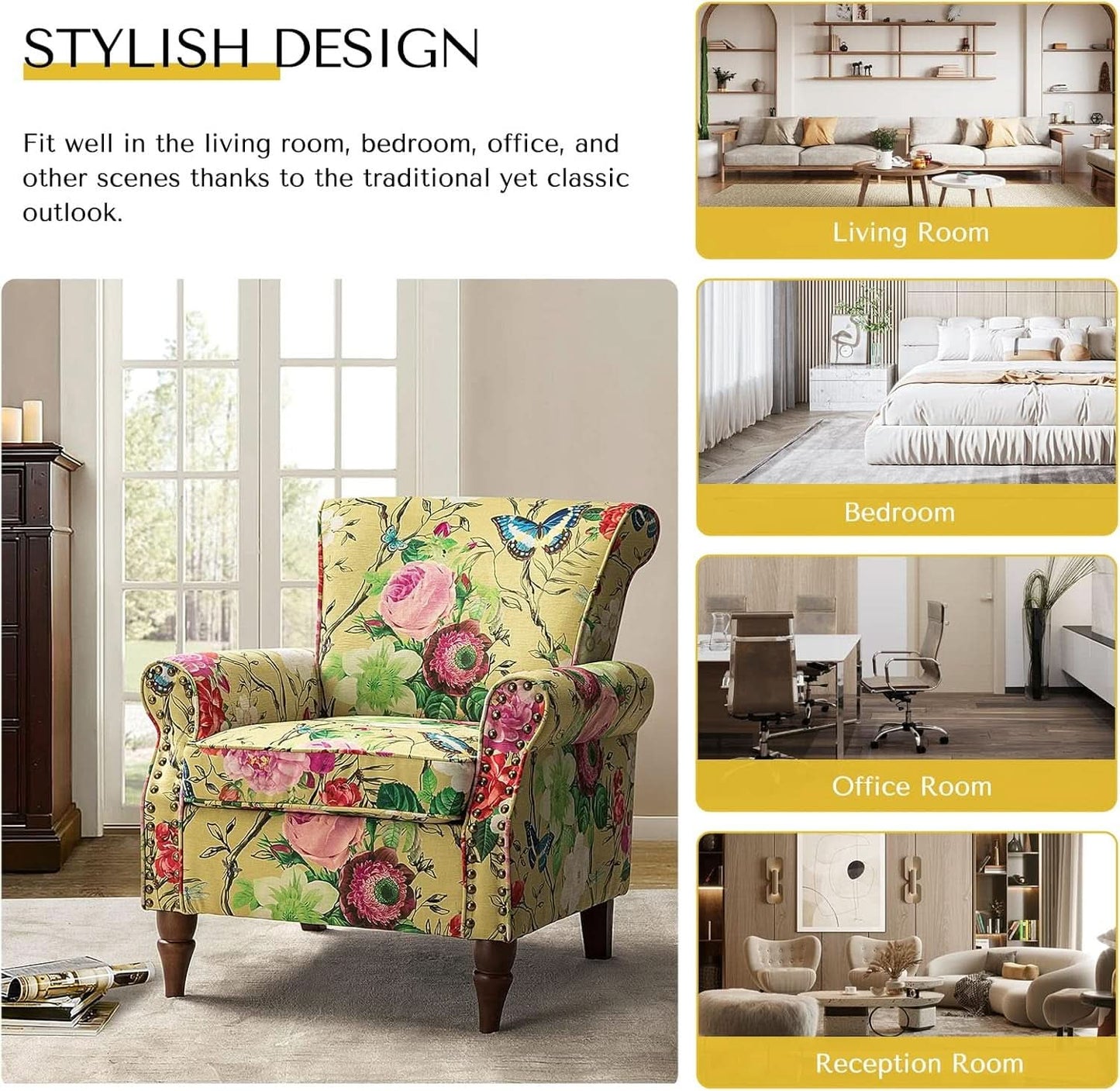 Mustard Floral Wingback Accent Chair With Solid Wood Legs