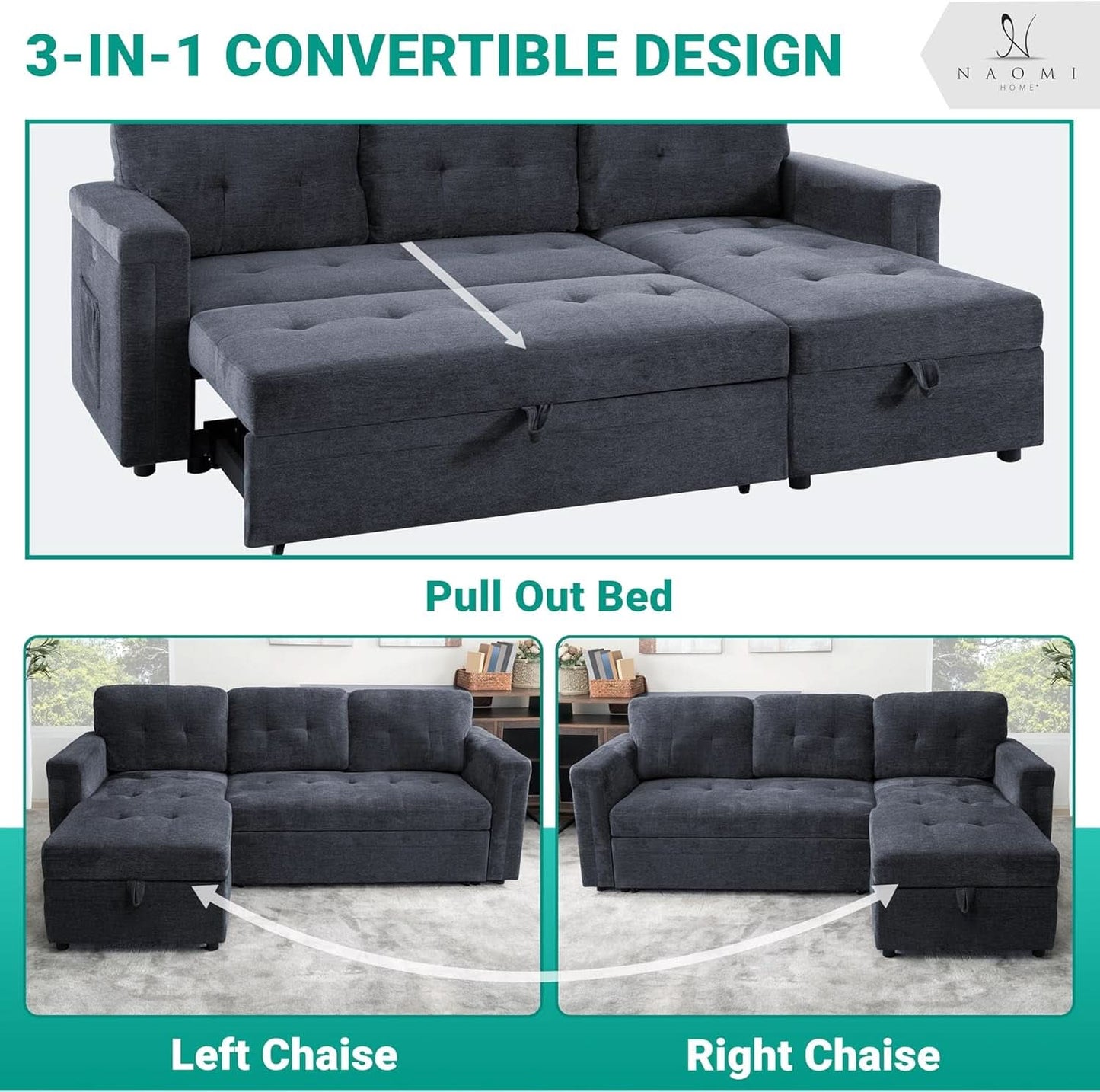Gray Microfiber L Shape Sleeper Sofa With USB Ports Storage