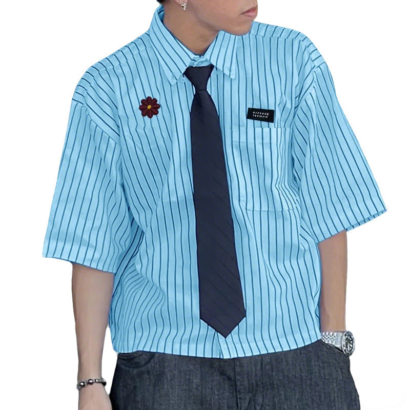 Loose-fitting Cropped Mens Striped Short-sleeve Shirt