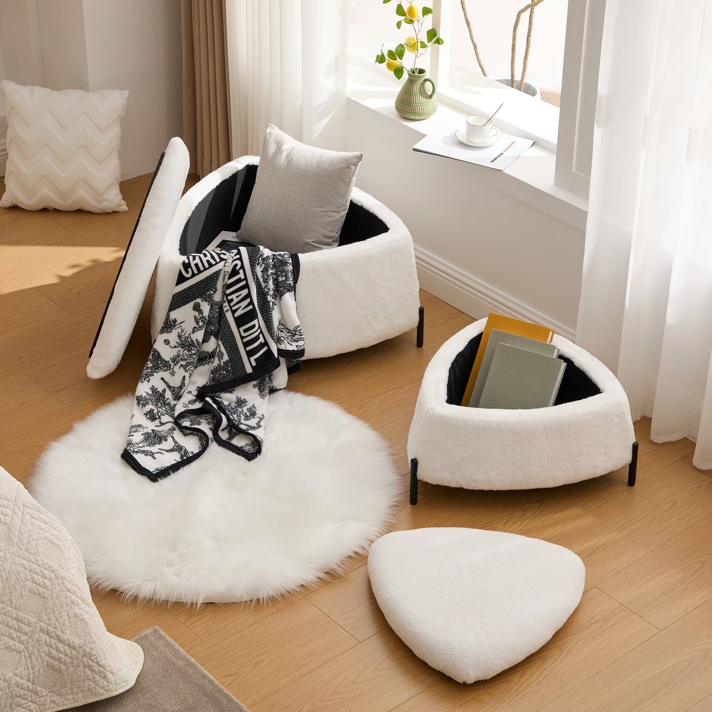 Ivory Faux Fur Upholstered Storage Ottoman Set with Metal Legs
