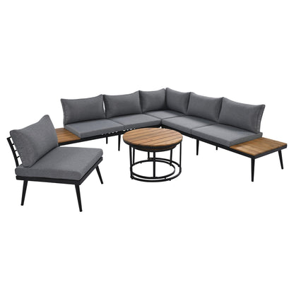 Outdoor Sectional Set Acacia Wood Steel Gray with Nesting Tables