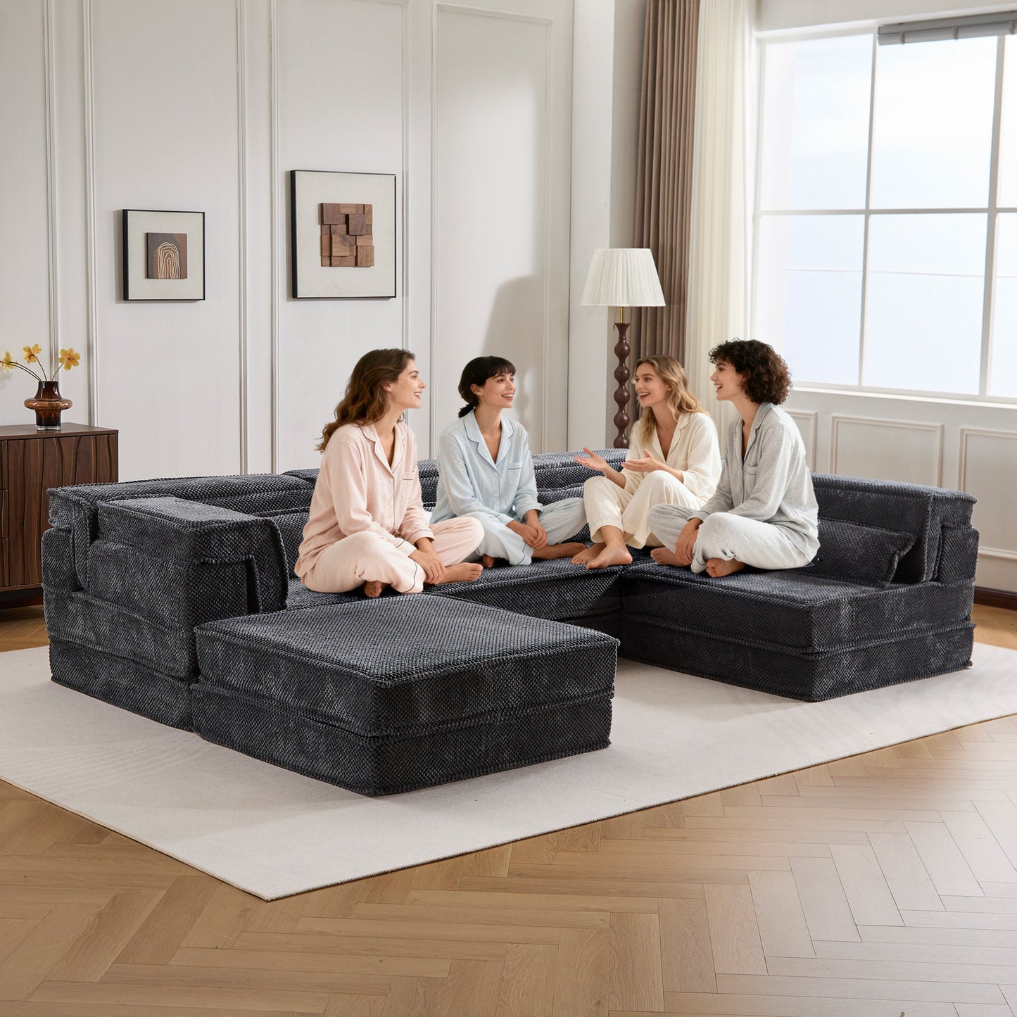 Sectional Sofa Modular Circle Fleece Dark Gray 4 Seat Ottoman 157 In