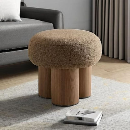 Compact Round Footstool Ottoman Brown Teddy Fabric