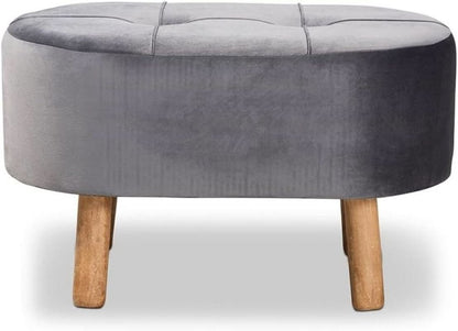 Greyish Velvety Upholstered Wood Ottoman Mid Century