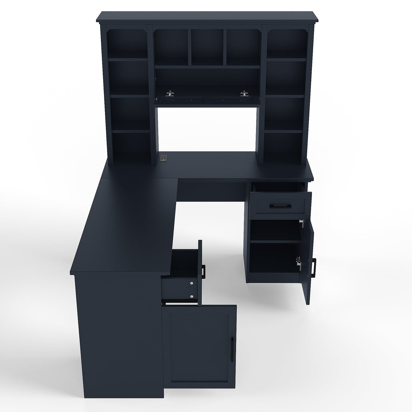 L-Shaped Computer Desk with 2 Cabinets and 2 Drawers, 11 Open Shelves and 1 R...