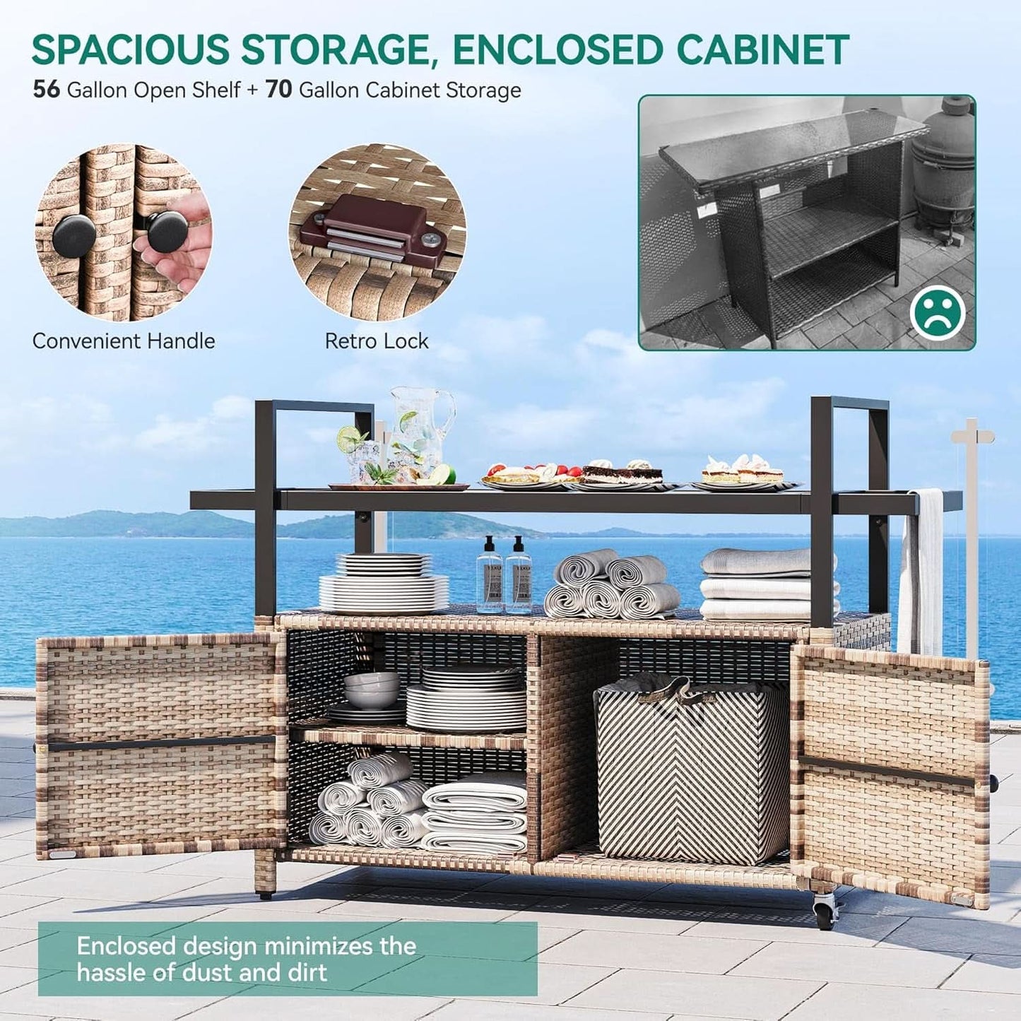 Large Outdoor Kitchen Rolling Cart With Black Glass Top