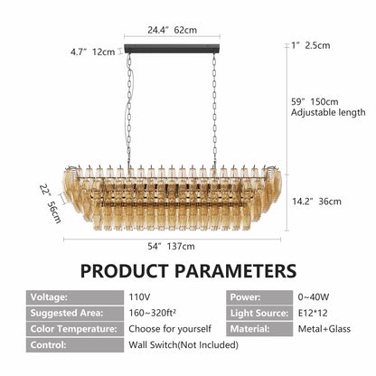 Chandelier Rectangle Black 12-Light 4-Tier Smoke Glass 54 In Farmhouse