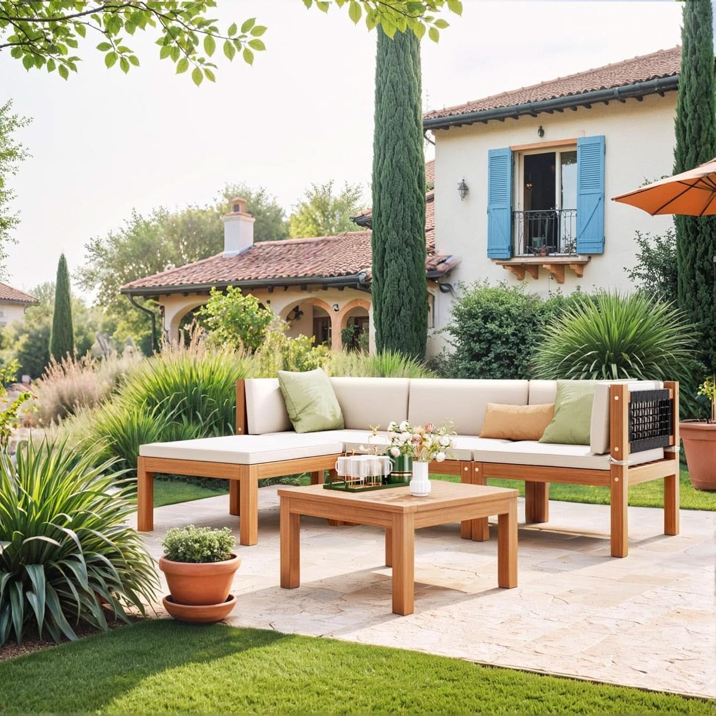 Acacia Wood Outdoor Sectional Sofa Set with Cushions