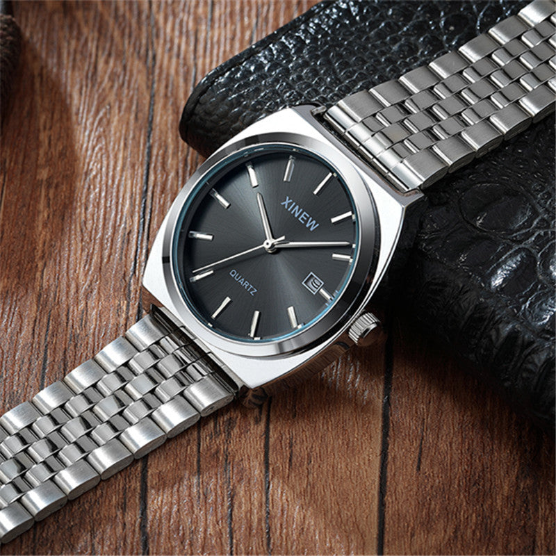 Student-style Fashionable Stainless Steel Strap Calendar Quartz Mens Watch