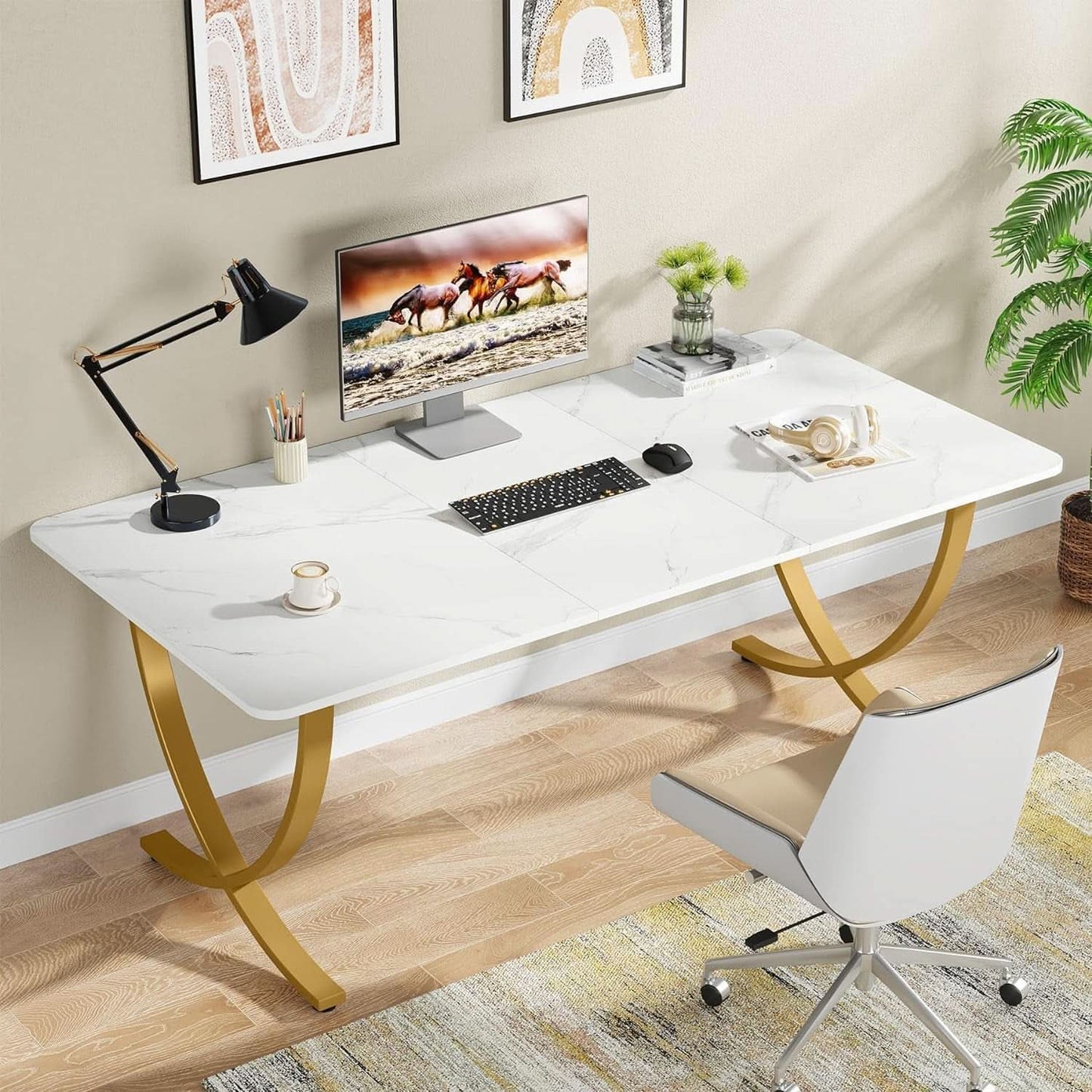 Executive Desk 63W X 31.5D White And Gold Computer Desk