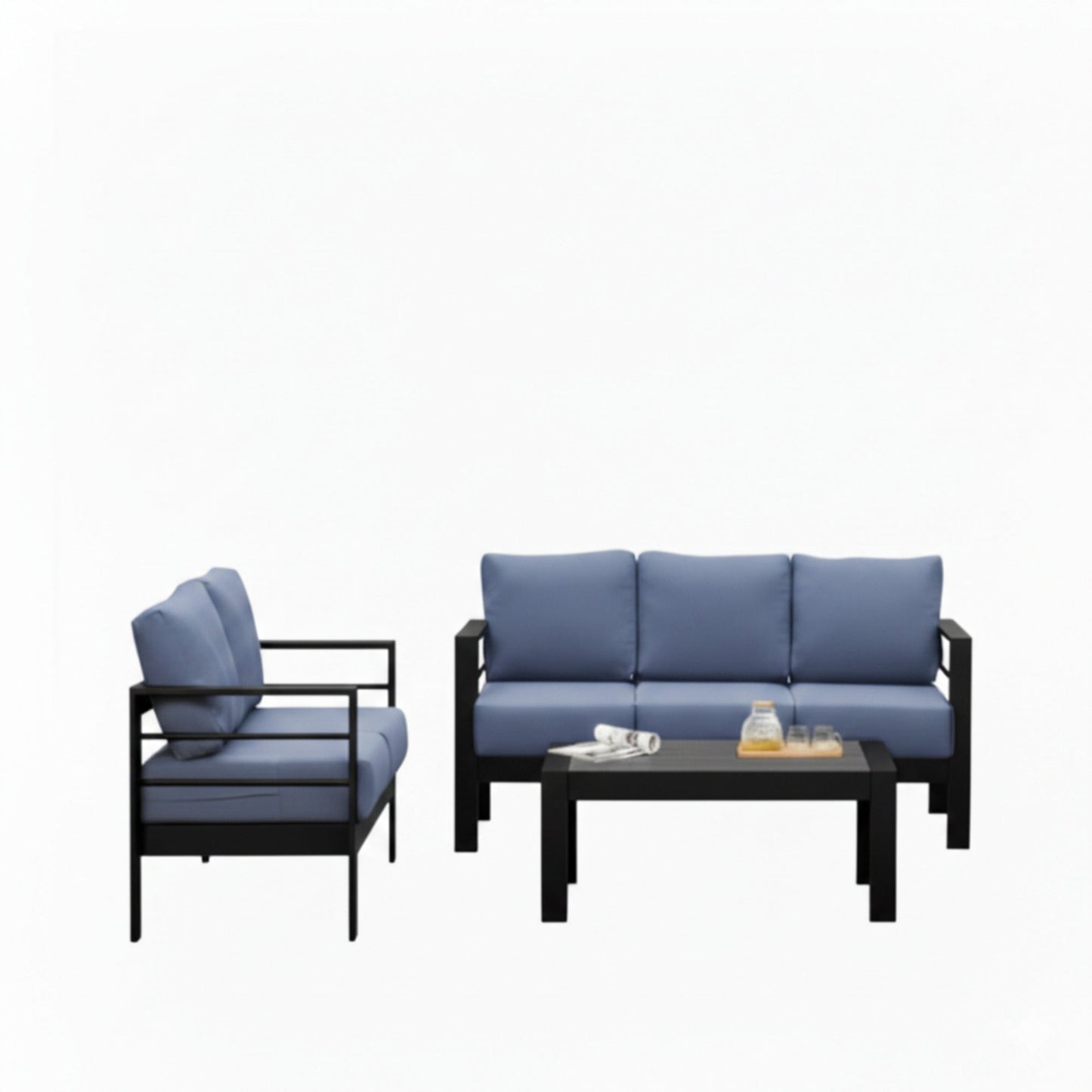 Outdoor Patio Set 3 Piece Aluminum Sofa Loveseat Black Blue