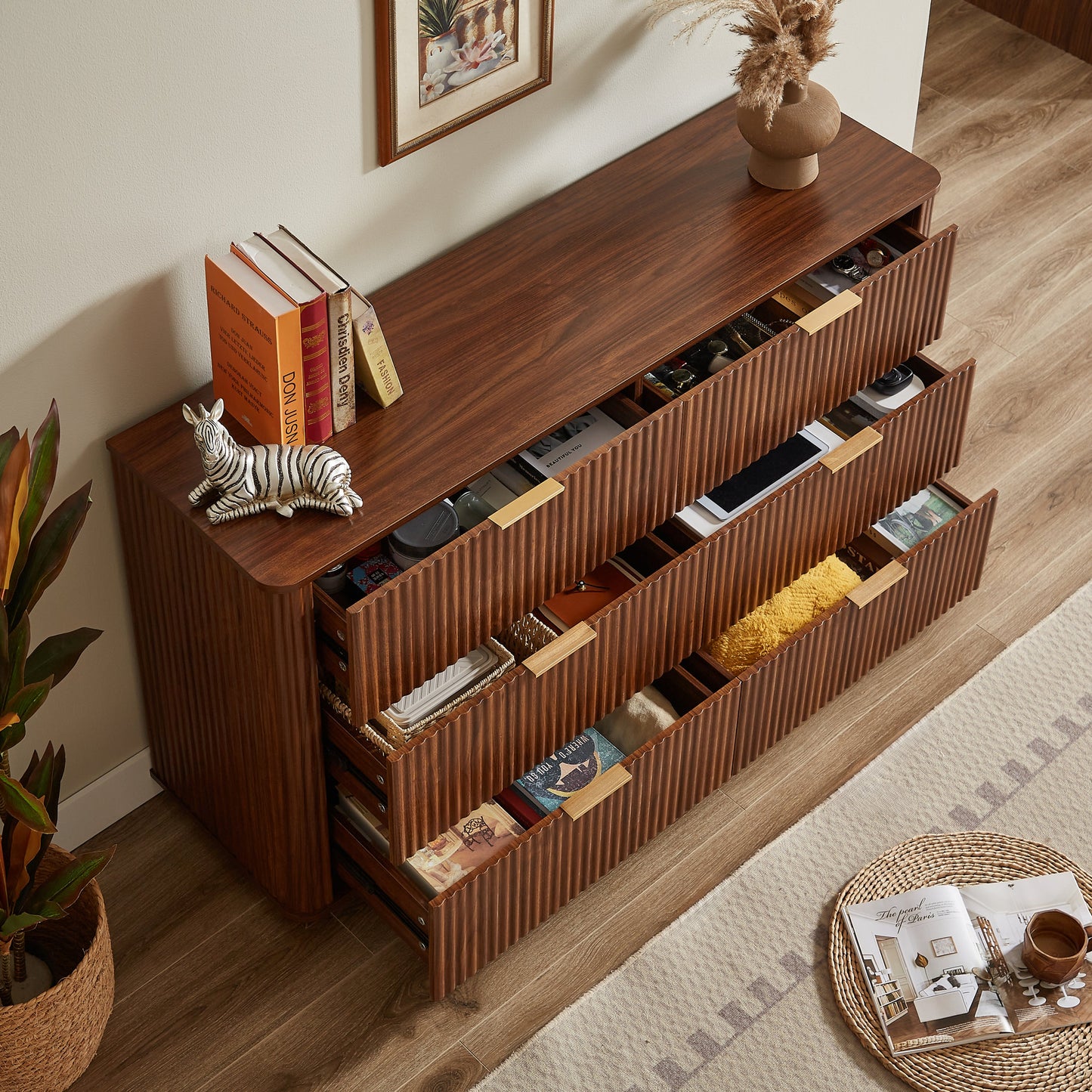 Dresser Modern 6-Drawer Walnut MDF Wave Texture 55.1x15.75x31.5 In 150 LB