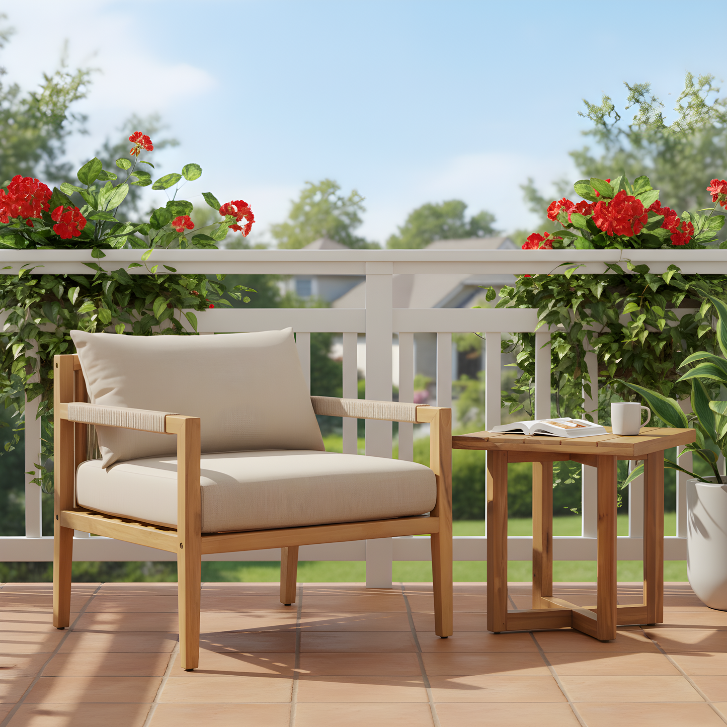 Outdoor Chair Set Acacia Wood Rope Beige Cushion Table