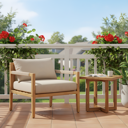Outdoor Chair Set Acacia Wood Rope Beige Cushion Table