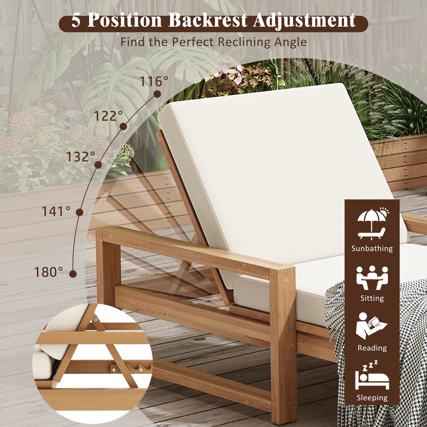 Outdoor Chaise Lounge Acacia Wood Light Teak Beige Cushion 5 Position 2